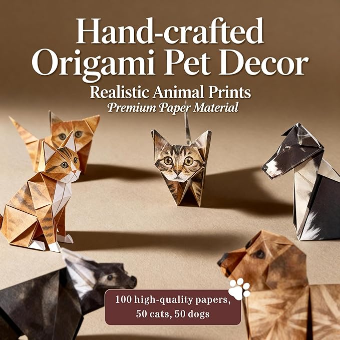 100 Sheets 3D Cat Origami Kit - DIY Foldable Paper Animals, Desk Decor & Craft Gift for Cat Lovers, Adults & Teens