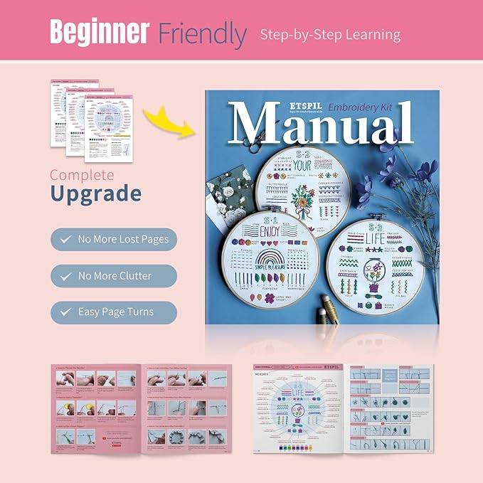 ETSPIL 3 Pack Embroidery Kit for Beginners and Adults,Learn 33 Stitches with DIY Stamped Flower Patterns – Includes Hoop, Color Threads, Tools, and Step-by-Step Instructions with Video Tutorials