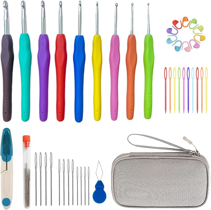 Crochet Hooks,Crochet Hook Set with Portable Case,Ergonomic Crochet Hooks with Soft Grip Handles,9 Sizes from 2mm-6mm,Crochet Kit for Beginners DIY Dolls Bags Clothes Handmade(Grey)
