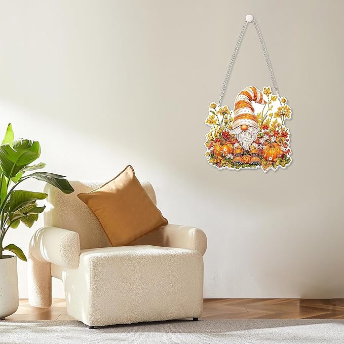 MOGTAA Fall Diamond Art Hanging Pendant Kits, Gnomes Diamond Art Kits for Adults, 5D Special Shape Diamond Painting Pumpkin Gem Art for Home Garden Wall Decor