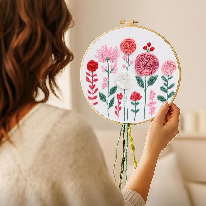 Nuberlic Embroidery Kit for Beginners -Floral Easy Embroidery Kits for Adults Starter Cross Stitch Kit DIY Needlepoint with Step-by-Step Instruction