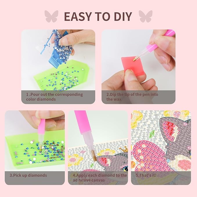 FlyingMage 5D Diamond Art Painting Kits with Wooden Frame, Cute DIY Diamond Art Mosaic Kits for Adults Women Teen, Kawaii Diamond Crafts Arts Full Drill Diamond Dots (Silver Butterfly Cat)