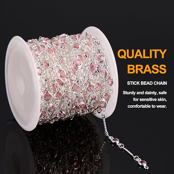 KYUNHOO 16.4 Feet Pink Rhinestone Bead Jewelry Chain Roll Stick Links Silver Chains for Jewelry Making with Connectors DIY Handcrafts