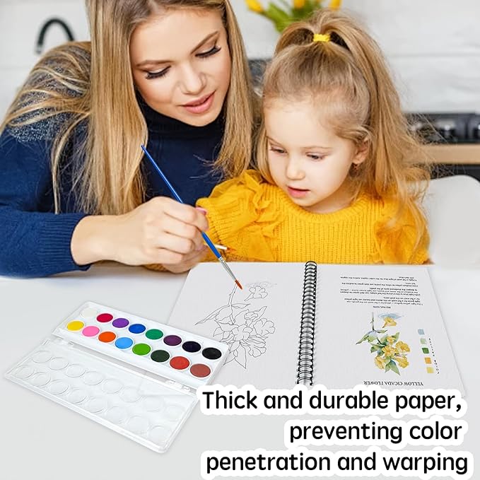 SLWBZ Watercolor Workbook Pink Flowers, 15 Different Patterns of Original DIY Designs, 16 Color Watercolor Paint Plates with Palette and Brush, Beginner-Friendly Watercolor Workbooks, Pink Hydrangea