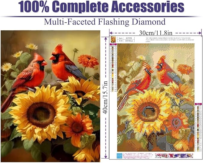 Mrnsiet Diamond Painting for Adults Kits, 5D Cardinal Diamond Art Kits for Beginners, DIY Full Drill Sunflowers Diamond Gem Art Kits for Home Wall Decor 12x16 Inch