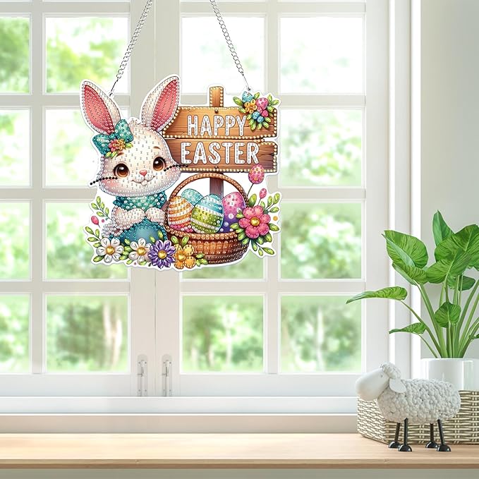 Bowetile Easter Hanging Diamond Art Kits for Adults Kids, 5D Special Shape Diamond Painting Rabbit Kits, Easter Diamond Gem Art Suncatchers Painting Pendant Home Decor, Gifts for Kids
