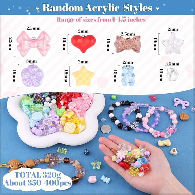 500-550PCS TINKRSTUFF Assorted Acrylic Beads, 8 Colors Mixed Cute Beads for Bracelet Making, Star Bow Flower GummyBear Kawaii Beads, Aesthetic Bead for Necklace Keychain Jewelry Making DIY Phone Charm