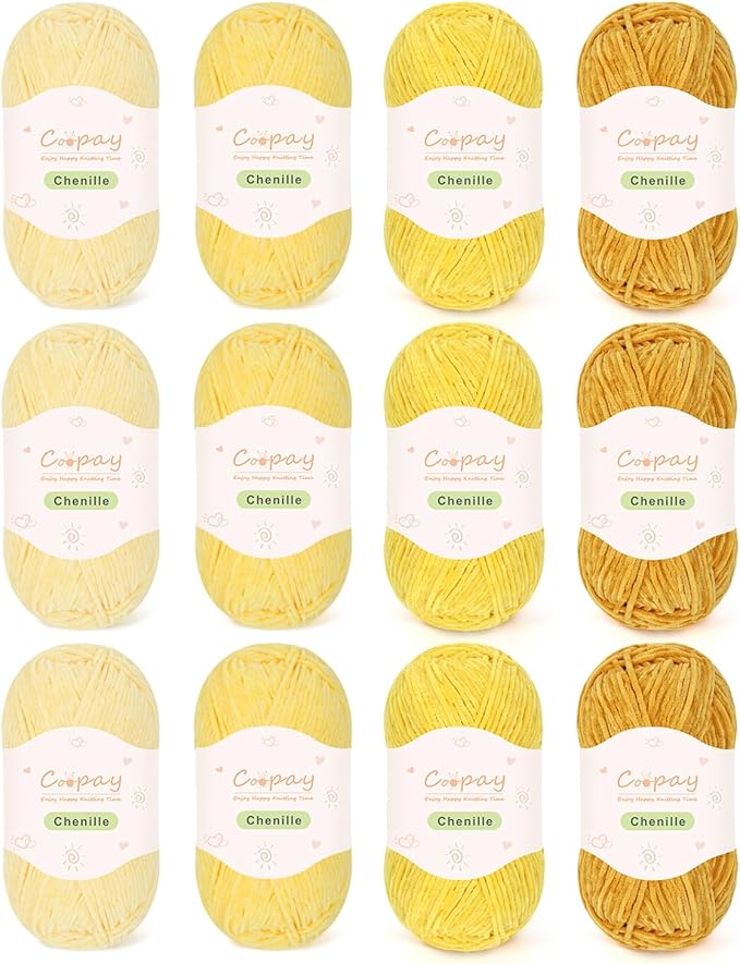 Coopay Skinny Chenille Yarn for Crocheting and Knitting, 12 Pack of 50g/1.76oz-1764yd Total, Soft Velvet Yarn of Baby Weights - Suitable for Baby Blankets, Plush Toys - Super Soft (Yellow Gradient)