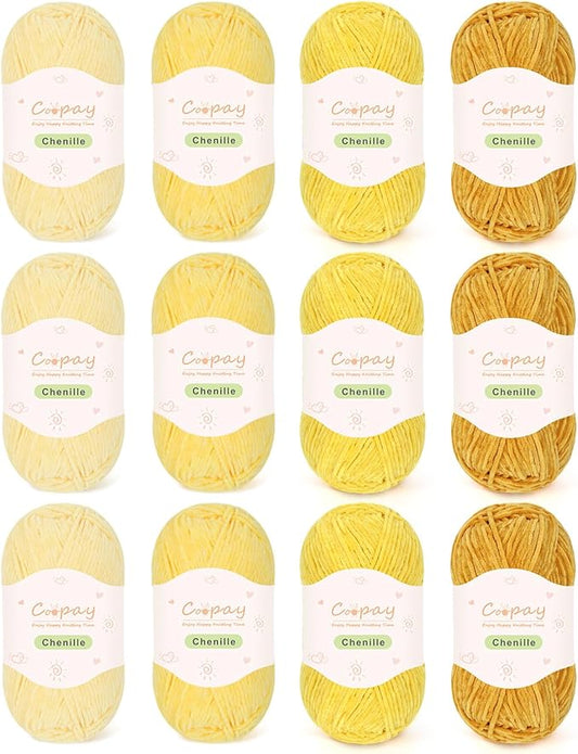 Coopay Skinny Chenille Yarn for Crocheting and Knitting, 12 Pack of 50g/1.76oz-1764yd Total, Soft Velvet Yarn of Baby Weights - Suitable for Baby Blankets, Plush Toys - Super Soft (Yellow Gradient)