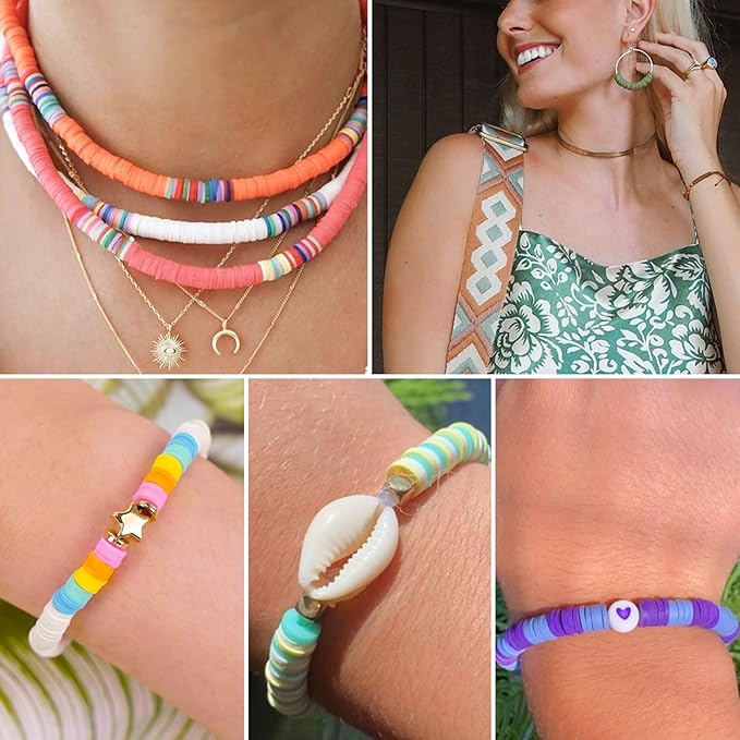 Gionlion 6000 Clay Beads Bracelet Making Kit, 24 Colors Flat Preppy Beads for Friendship Bracelets, Polymer Clay Bead with Charms for Jewelry Making, Crafts Gifts for Girls Ages 6-12