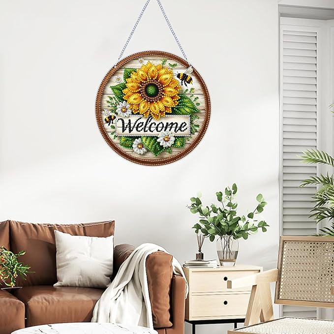 ARPADAMO Hanging Diamonds Art kit for Adult,DIY Sunflower Bee Pendant Diamonds Painting Art Kit, 7.0x7.0 inch Acrylic Diamonds Painting Board Kit Ornament, Special Crystal Diamond Hanging Ornament