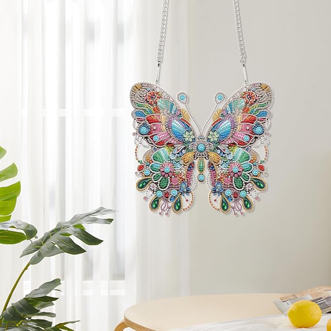 Diamond Art Painting Hanging Pendant, DIY Butterfly 5D Special Shape Crystal Diamond Art Partial Mosaic Making Craft Wreath Ornaments, Large size Home wall decor window decoration Handmade Gift