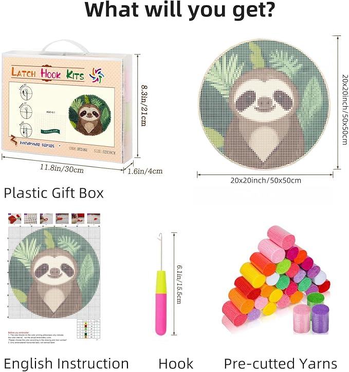 Latch Hook Rug Kit Cute Sloth Stamped Handmade Round Shape Carpet Crochet Yarn Craft DIY Hook and Latch Door Mat Tapestry for Christmas Home Floor Decor 50x50cm(1)