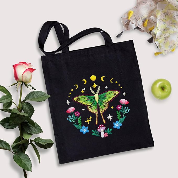 Nuberlic Canvas Tote Bag Embroidery Kit for Beginners Adults -DIY Needlepoint Kit with Butterfly Pattern Bag Reusable Eco-Friendly Shopping Bag