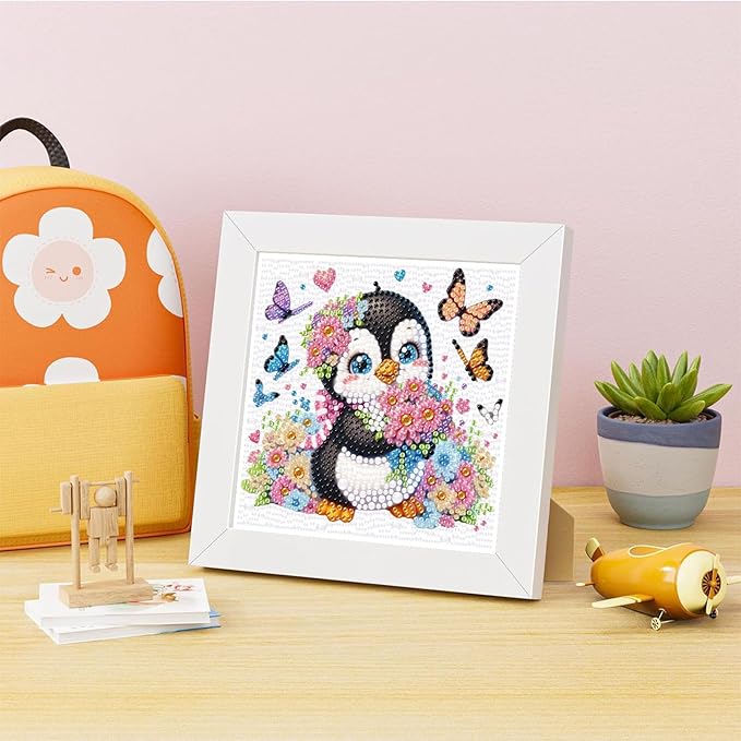 Arttoplus Penguin Diamond Art Kits for Kids 4-6-8-12 with Frame-Penguin Gem Art Kits for Kids,Animal Diamond Painting Kits with Frame for Gift Home Wall Decoration(7x7inch)