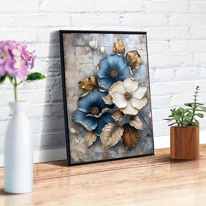 GEMFAMILY 5D Diamond Art Kits for Adults-Diamond Painting Kits for Blue and White Flower,DIY Round Full Drill Diamond Painting Kits for Beginner Home Wall Decor12 X 16Inch