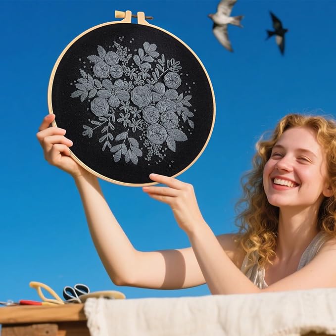 Crafmanoe Embroidery Kits for Beginners Adults, Black Flowers Embroidery Starter Kits, Counted Cross Stitch Kits for Beginners Adults Hobbies Set for Women, Embroidery Hoops, Thread and Video Tutorial