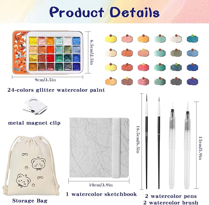 Mini Watercolor Paint Set - 24 Colors Glitter Travel Watercolor Set, Portable Metallic Water Color Paints Palette Box with Watercolor Book,Clips,Pens,Storage Bag for Painting Lovers and Artists