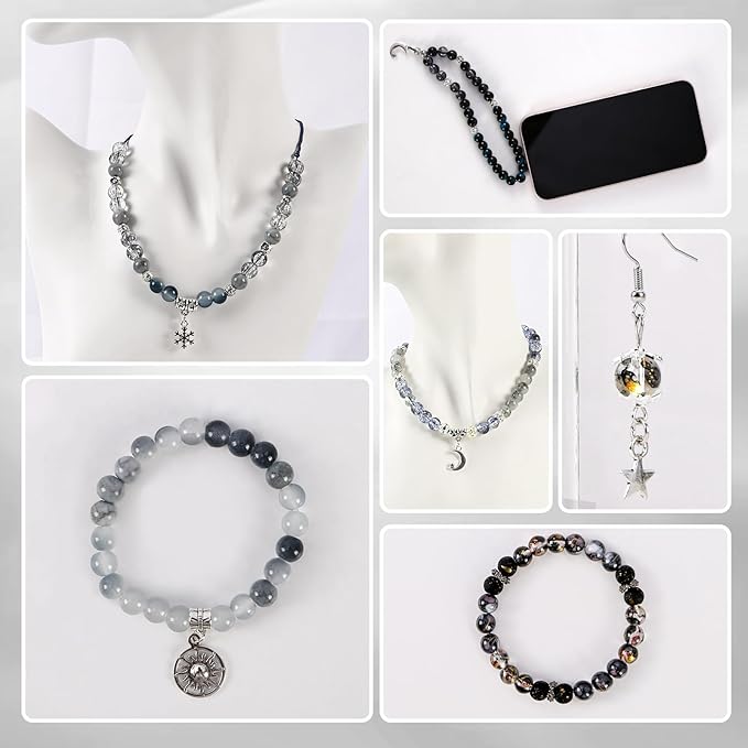 Tunmiok Glass Beads for Jewelry Making Kit with Metal Charms & Crystal String - Includes Spacers, Flower Holders - Bracelet kit, Necklace, Earring Set Supplies for Adults (Black)