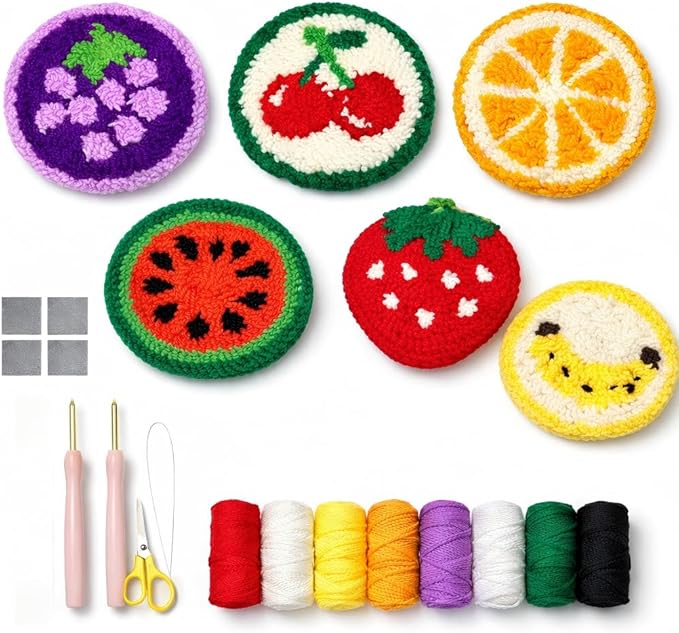 Punch Needle Coaster Kit for Adults Beginners, Easy Punch Embroidery Starter Set with Instructions – Fun Mug Rug Making Kit for Table Decor & Festival DIY Gifts (6pcs Cute Fruits)