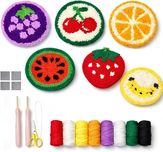 Punch Needle Coaster Kit for Adults Beginners, Easy Punch Embroidery Starter Set with Instructions – Fun Mug Rug Making Kit for Table Decor & Festival DIY Gifts (6pcs Cute Fruits)