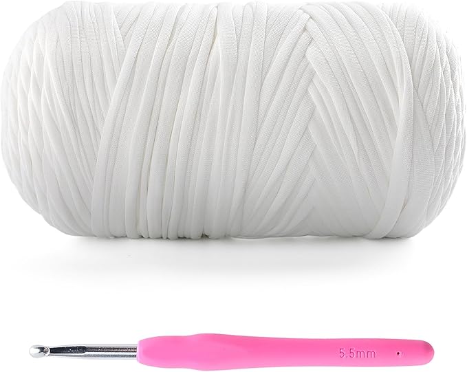 Tshirt Yarn for Crochet - 400 g/130 yds T Shirt Yarn for Crocheting Bags/Baskets/Home Decor - Soft Elastic Fabric T-Shirt Yarn with 1 Crochet Hook (1, White)