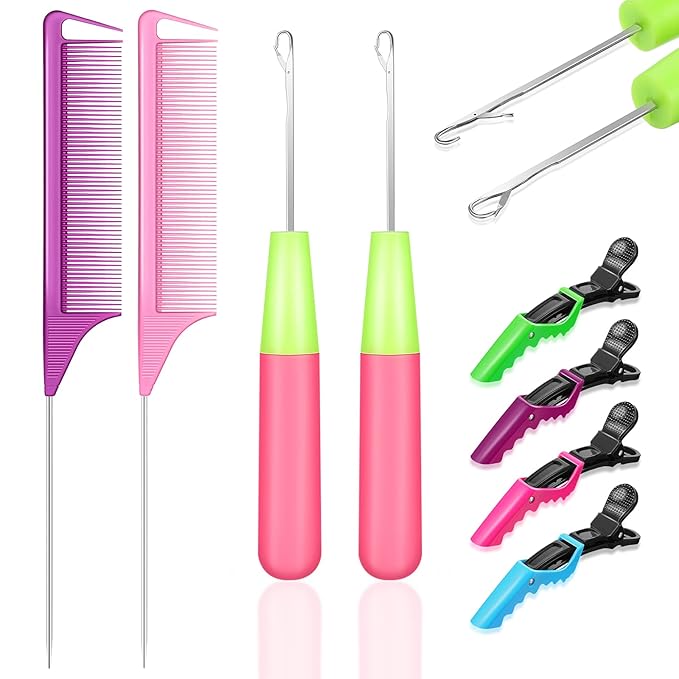 8 Pcs Hair Crochet Hooks Set with Accessories Include 2 Plastic Crochet Needle Hooks 4 Alligator Hair Clip and 2 Rat Tail Comb Tool Kits for Braiding, Extension