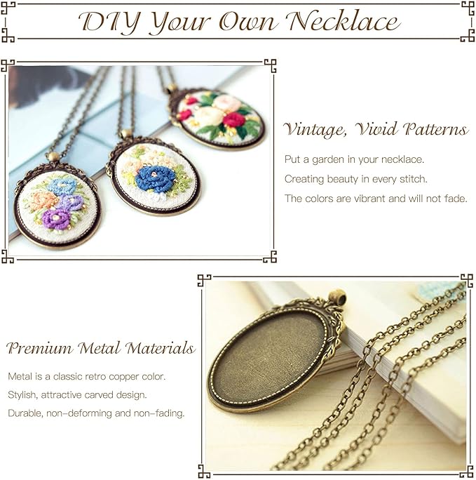 ZOCONE 3 Packs Embroidery Necklace Kit, Embroidery Pendant Kits Mini Cross Stitch Kit with Hoop, Necklace, Pendant, Beads, Stamped Pattern Cloth, Instructions, etc., Embroidery Kits for Adults
