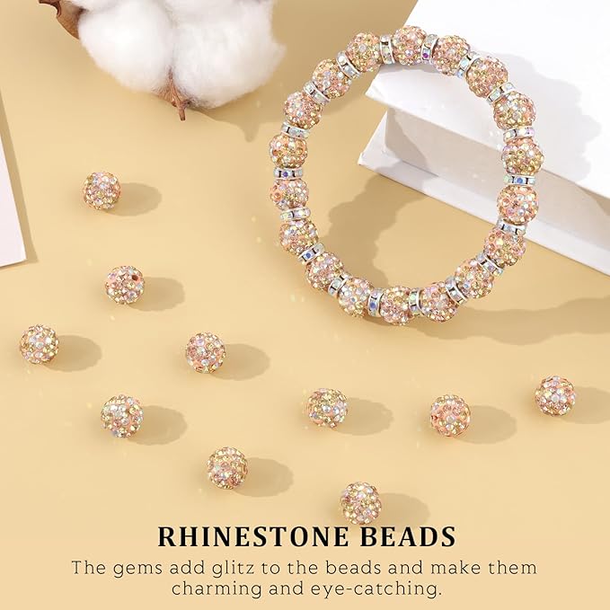 120pcs 10mm rhinestone beads for jewelry making, light peach ab shiny round shamballa disco ball beads, sparkle crystal clay christmas for bracelet baseball necklace earring crafting and diy