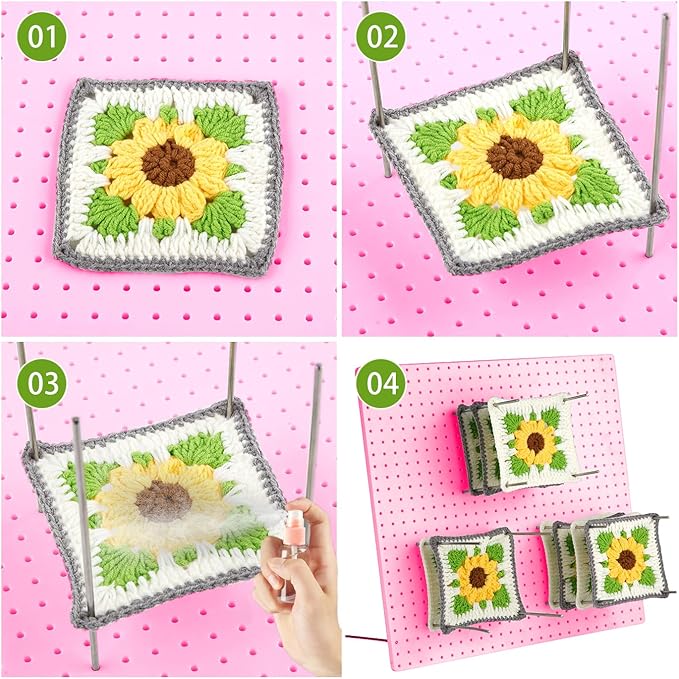 wuher 13''Granny Square Blocking Boards for Crochet Projects, Crochet Blocking Board with 20 pegs, Large-Sized Plastic Blocking Board is a Gift for Crochet Enthusiasts and Beginners (Pink)
