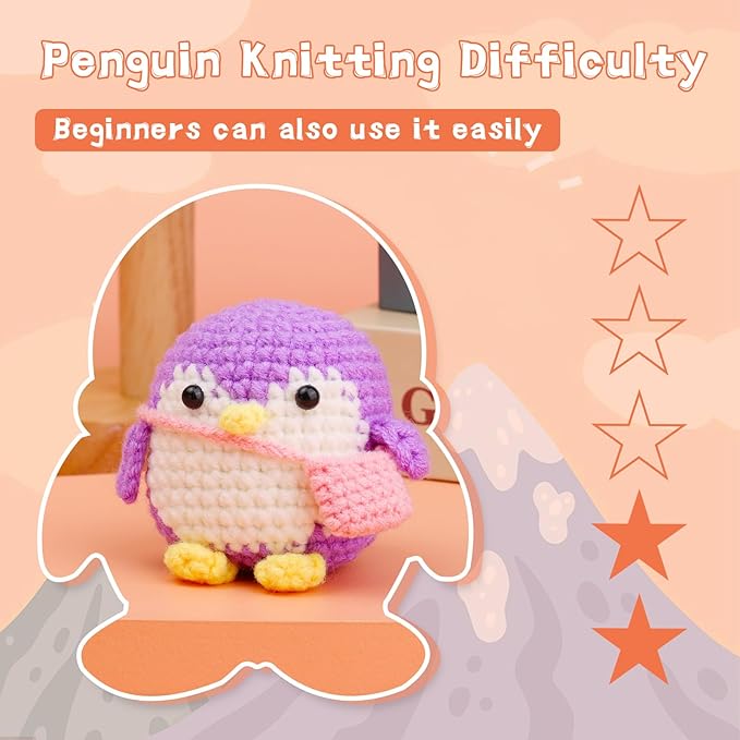 IMZAY Crochet Kit for Beginners, Beginner Animal Kit, Cute Starter with Video Tutorial, Hooks, Colored Yarns, Stitch Marker Complete Set to Make Purple Penguin