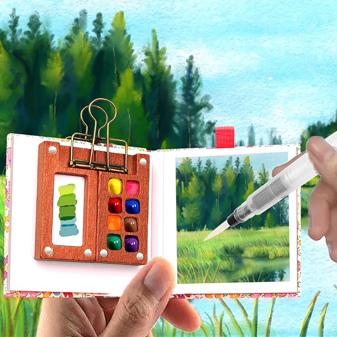 Pocket Wooden Paint Palette with Metal Clip, Water Colour Paints Sets with Sketchbook & Water Pen for Painters,Artists,Beginner (Rose-12 Colors, S-8 Grids)