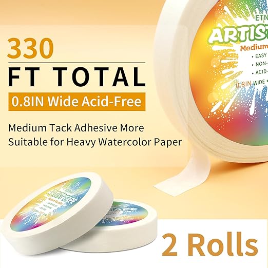 2 Packs White Art Tape Medium Tack Artist Masking Tape Paper Acid Free Tape Watercolor Painters Tape Artists Tape for Drafting Art Watercolor Painting Canvas Framing, 0.8 inch Wide 330FT Long