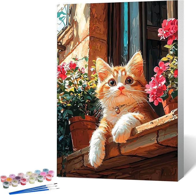 Okarina Framed Paint by Numbers Kit for Adults Beginner Cute Cat, Adult Paint by Number Kits on Canvas Framed Cat, DIY Acrylic Oil Painting by Numbers with Frame, Perfect for Home Decor 8 X 12 Inch