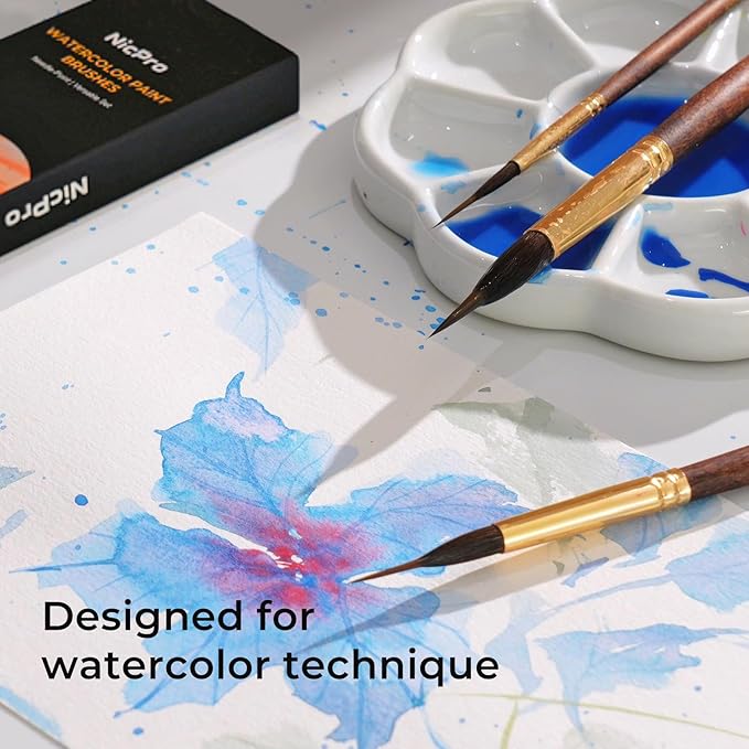 Nicpro 4 PCS Watercolor Brushes Professional, Extended Needle Point Brush Set, Sable Watercolor Brushes with Synthetic Extra Long Tip for Fine Detailing - Watercolor Acrylic Gouache Inks Painting