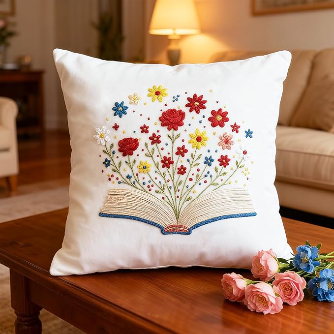 BEUNITONE Books Flowers Embroidery Kit, 6PC Literary Themed Cross Stitch Set for Book Lovers, Reading Hobby DIY Craft, Unique Home Decor Gift Idea