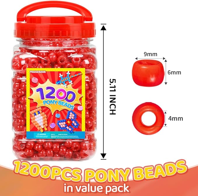 praisebank pony beads, 1200pcs 6x9mm, wholesale beads, bracelets jewelry making, arts & crafts(red)