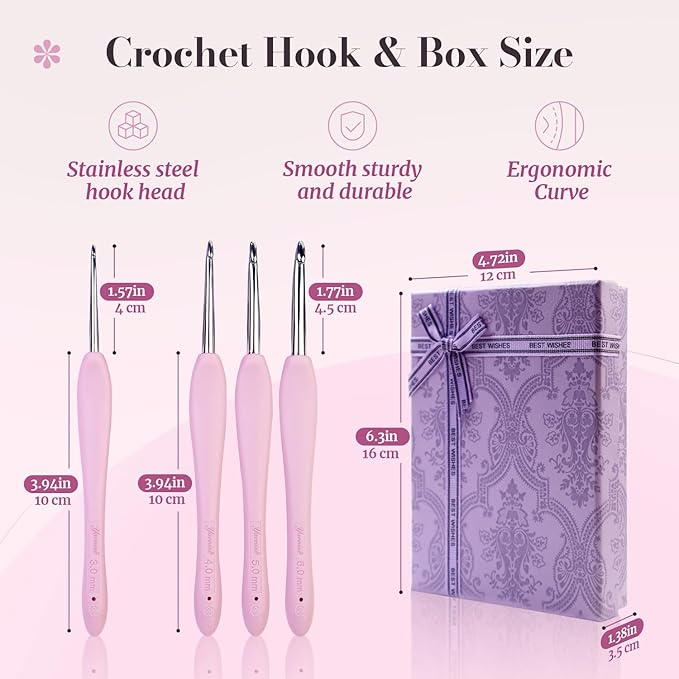 Yarniss Apex Stainless Steel Crochet Hooks Set 3.0mm-6.0mm,Hand-Polished Crochet Hooks with Ergonomic Handle for Beginners, Gift for Crocheter