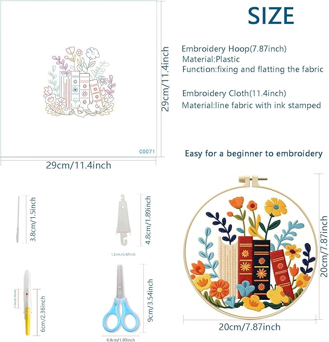 Zhenqing 4 Bookshelf Scenes Embroidery Kit for Beginners, Pre-Printed 29x29cm Circular Cotton Fabric Set with 20cm Hoop, Reading & Library Themed Designs for Home Decor (C0226)