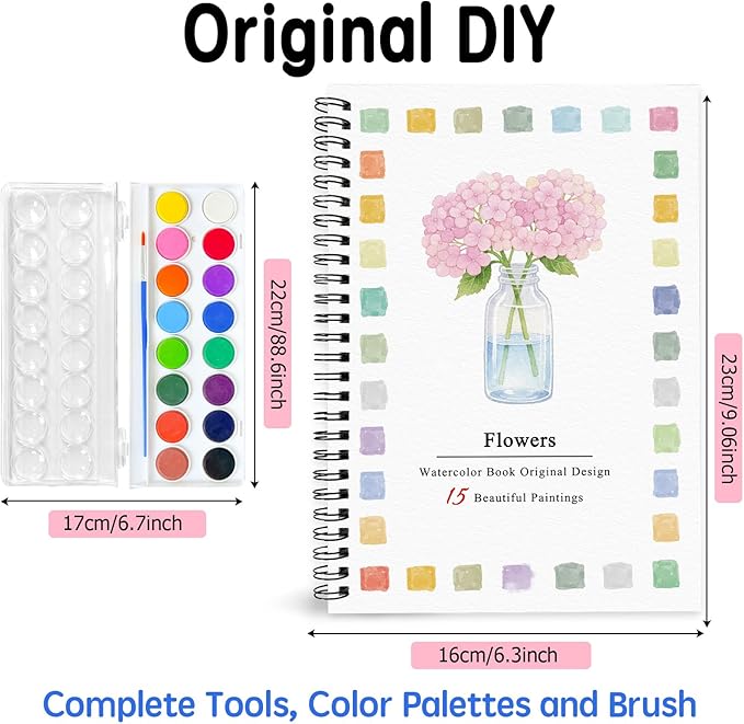 SLWBZ Watercolor Workbook Pink Flowers, 15 Different Patterns of Original DIY Designs, 16 Color Watercolor Paint Plates with Palette and Brush, Beginner-Friendly Watercolor Workbooks, Pink Hydrangea