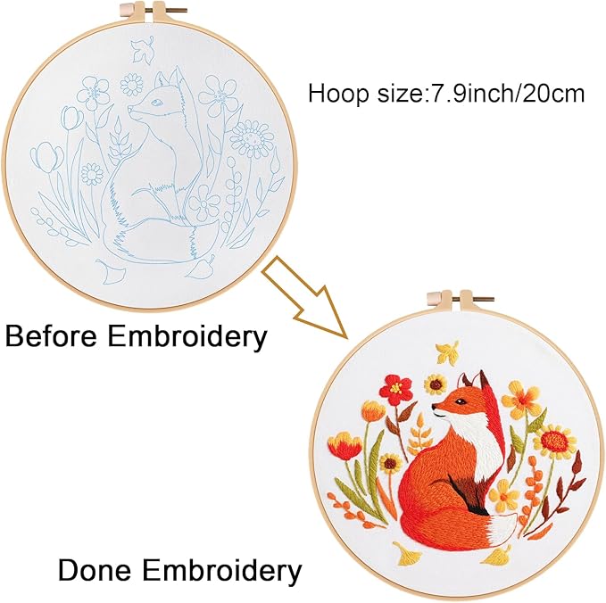 Louise Maelys Fall Fox Embroidery Kits for Beginners with Autumn Animal Pattern,Adults Starter Cross Stitch Kit DIY Needlepoint