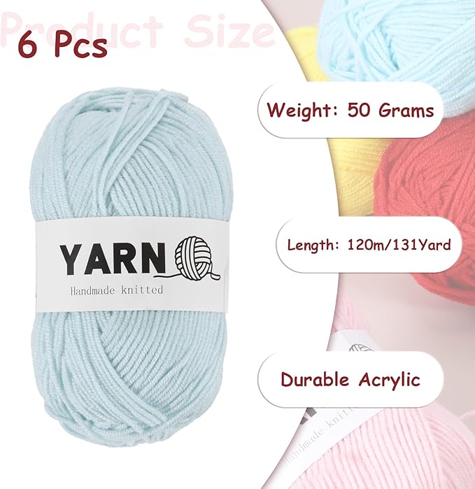6Pcs Light Blue Acrylic Yarn 790 Yard 4 Ply Soft Crochet Yarns Sport Weight Yarn,[for DIY Crocheting Knitting Craft Blankets Hats]-300g