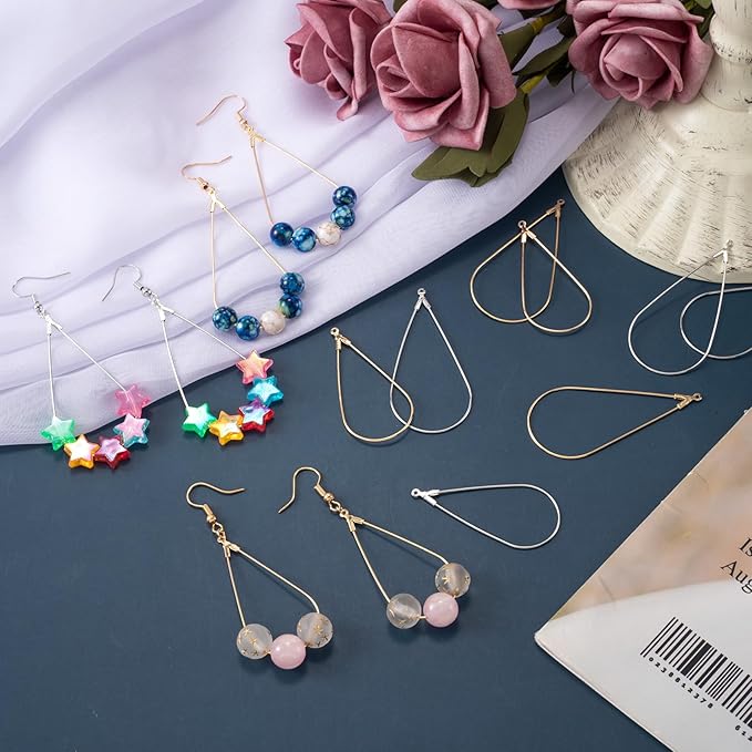 OIIKI 60PCS Earring Beading Hoops for Jewelry Making, 2 Sizes Gold/Silver Plated Hoop Earring Findings, Open Hoops, Metal Earring Rings, Waterdrop Earring Beading for DIY Jewelry Crafts for Women
