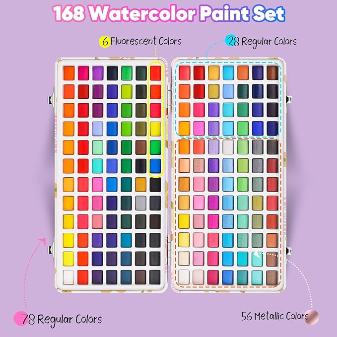 Taotree Watercolor Paint Set 168 Colors, Art Supplies Watercolors Kit Travel Water Colors with 3 Paints Brushes, Crafts Painting Supplies, Drawing for Adults Artist Drawing, Painting