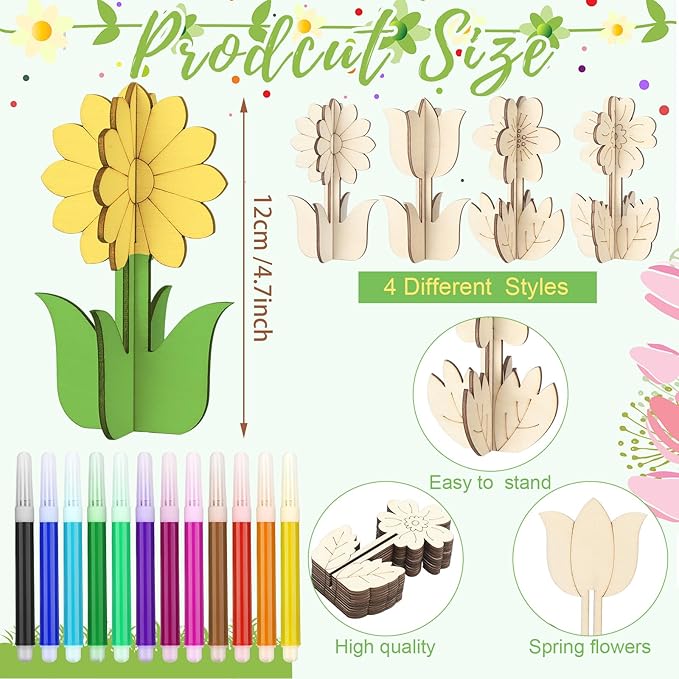 MotiMind 60 Pcs Spring Crafts Set 48 Pcs Wood Flowers to Paint Unfinished Wood Tulip Slices 3D Wooden Cutouts with 12 Colored Pens for Mother's Day Wedding Summer Crafts Tiered Tray Table Decor
