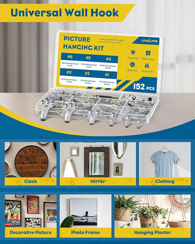 Uniclife 152 Pcs Picture Hanging Kit, 10 lb, 20 lb, 30 lb, 50 lb, 75 lb, 100 lb Heavy Duty Picture Hangers for Drywall & Wood, Picture Hanging Hooks, Frame Hooks, Silver
