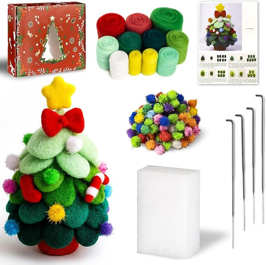 KIDS KING Needle Felting Kit for Handicraft Beginners Teens & Adults – Christmas Tree Felting with Instruction, Material Tools: Wool, Needles, Felting Pad, Home Decorations Christmas Gifts