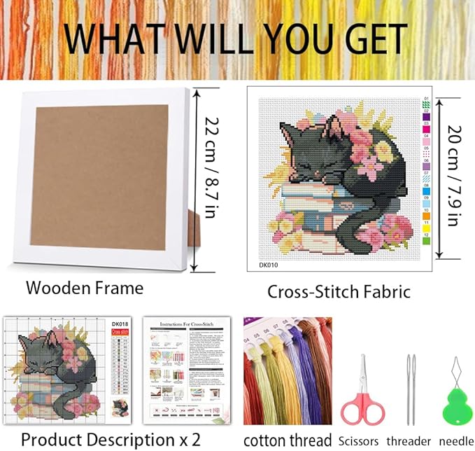 Black Cat Cross Stitch Kits For Beginner,Flowers Stamped Cross Stitch Kits Crafts For Adults with Wooden Framed,Embroidery Kit For Beginners,Partial 11CT Cross Stitch For Kids Home Decor 7.9x7.9inch