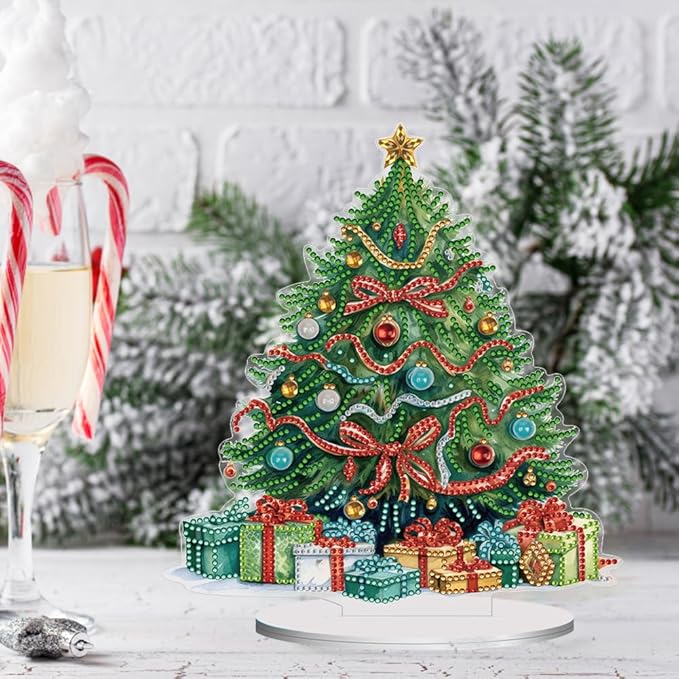LAKEQUILL Christmas Tree Desktop Diamond Art Kit for Adults Christmas,DIY Stand Up Double Sided Special Shaped Diamond Art Desktop Ornaments for Home Office （ Christmas Tree）