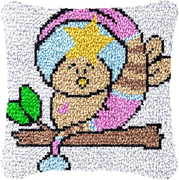Yglnden Latch Hook Kit Pillow DIY Throw Cover Crochet Needlework Colour Printed Canvas Decor for Adults (Bird D:43x43cm/17 X17)